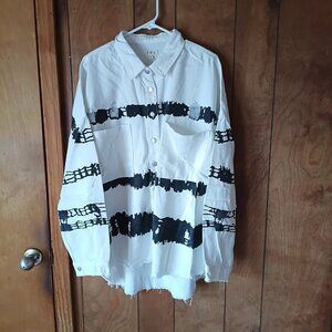 POL Women's Oversized Tye Dye White Black Distressed Jacket Size L NWT